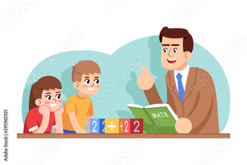 Math club for kids flat vector illustration. Preschool education. Lesson in elementary school. Early childhood development. Teacher explaining problem to boy and girl cartoon characters