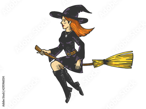 Young beautiful witch girl flying on broomstick sketch engraving vector illustration. T-shirt apparel print design. Scratch board style imitation. Hand drawn image.