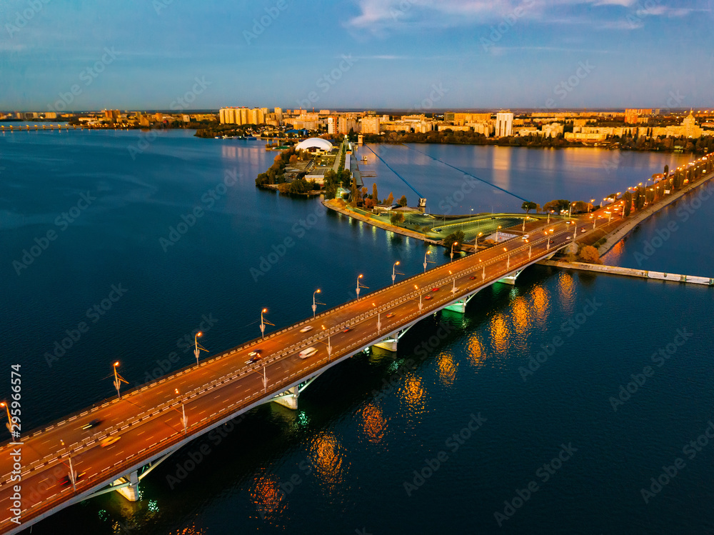 Evening summer Voronezh, Chernavsky bridge and Massalitinov embankment, aerial view