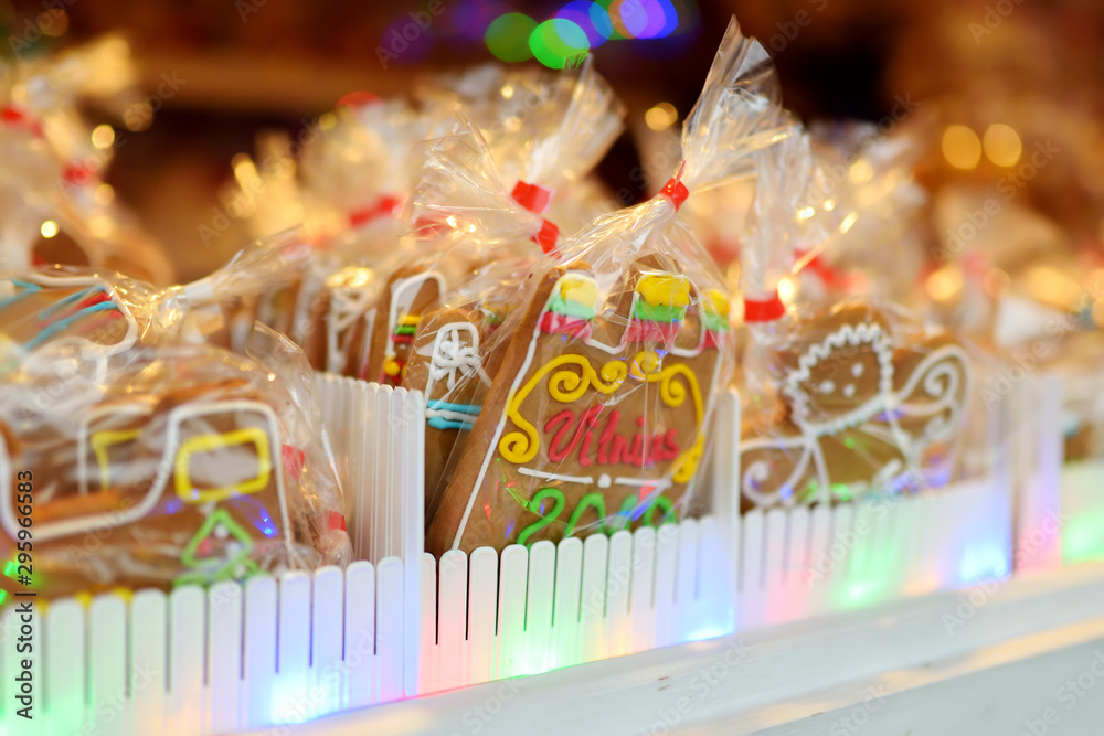 Assorted ginderbread cookies, sweets and candies sold on Lithuanian Christmas fair in Vilnius, Lithuania