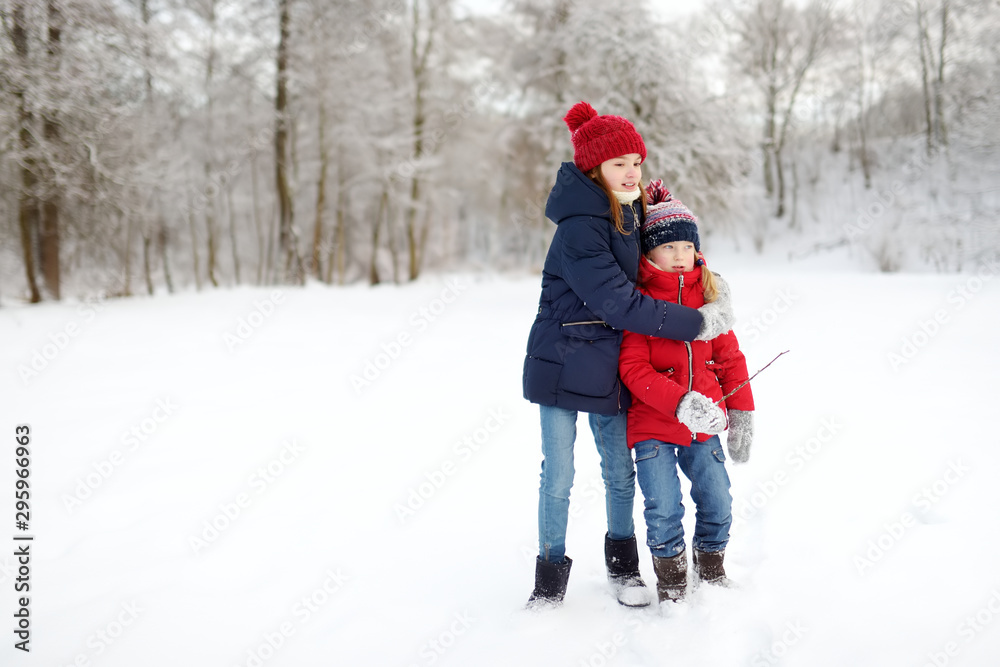 Two adorable young girls having fun together in beautiful winter park. Cute sisters playing in a snow. Winter family activities for kids.