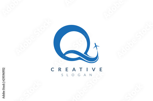Design vector illustration of combined Q and plane shape. Minimalist and simple logo, flat style, modern icon and symbol.
