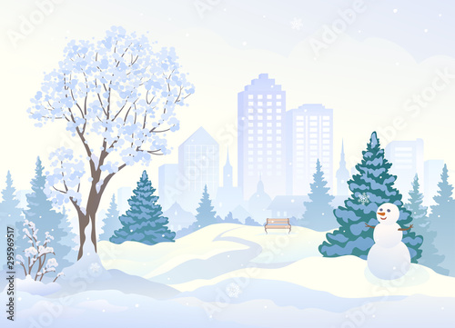 Snowy city park with a cute snowman