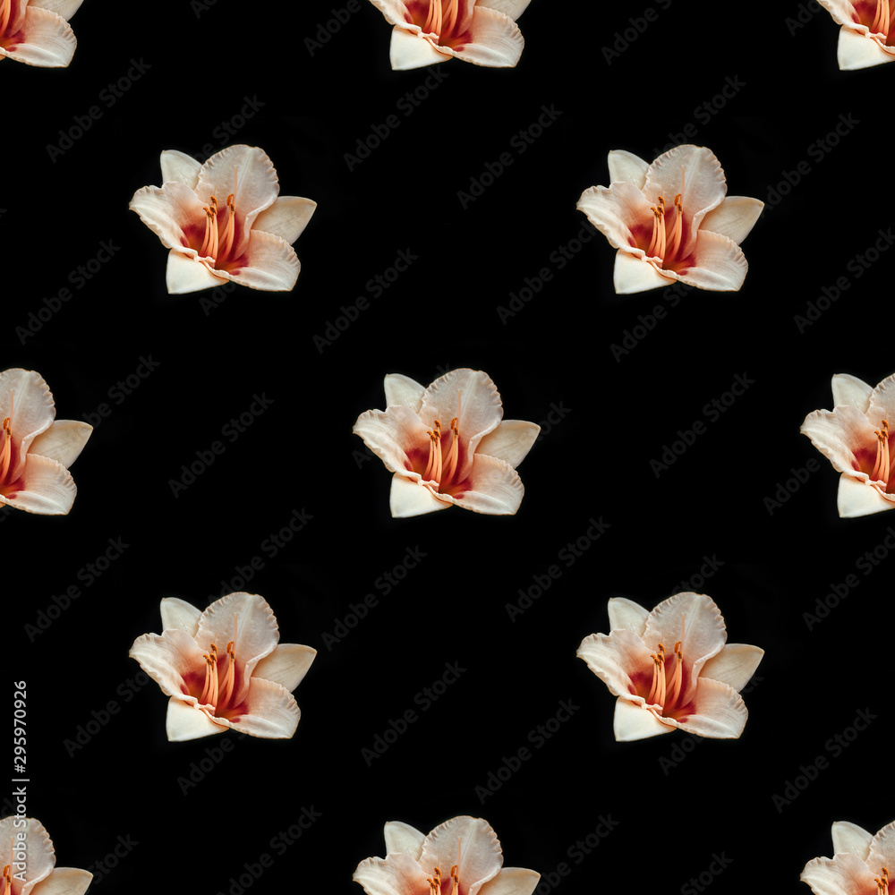 Seamless pattern with daylily flowers on black background. Floral pattern. Tropical abstract background