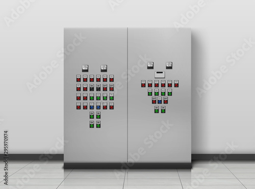 Substation room. Electrician equipment, technical generator. Transformer to increase or decrease voltage of electric current and control panel with on and off buttons Realistic 3d vector illustration