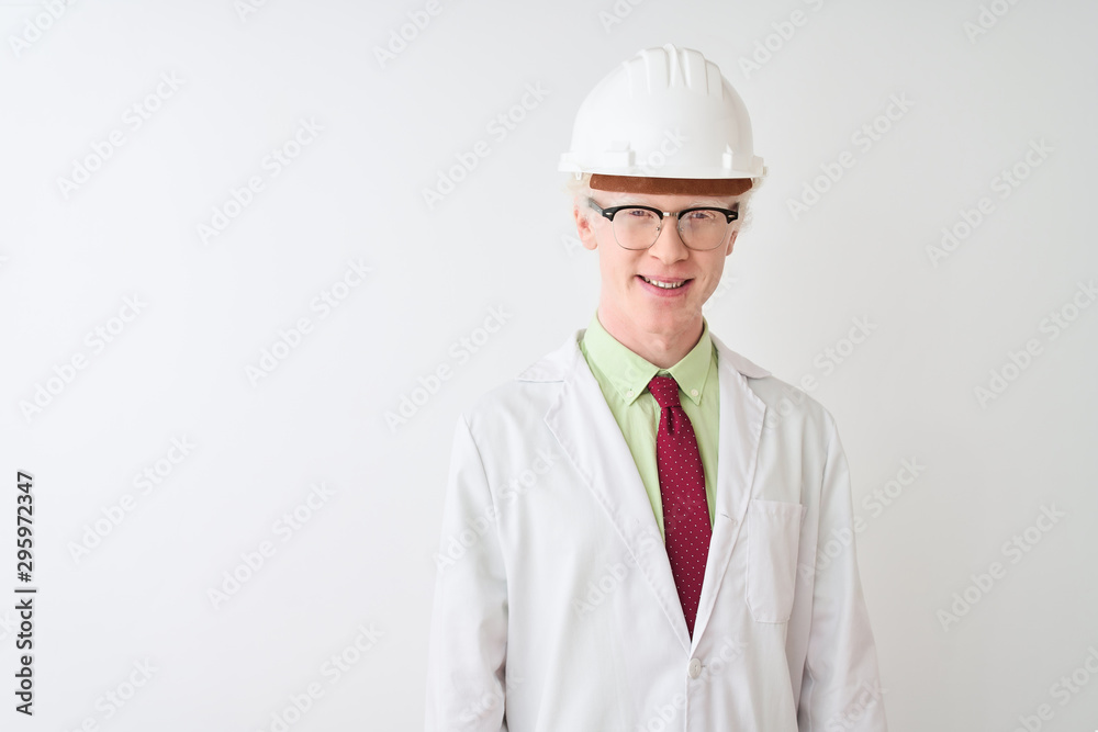 Albino scientist man wearing glasses and helmet standing over isolated white background with a happy and cool smile on face. Lucky person. Albino scientist man wearing glasses and helmet standing over isolated white background with a happy and cool smile on face. Lucky person.