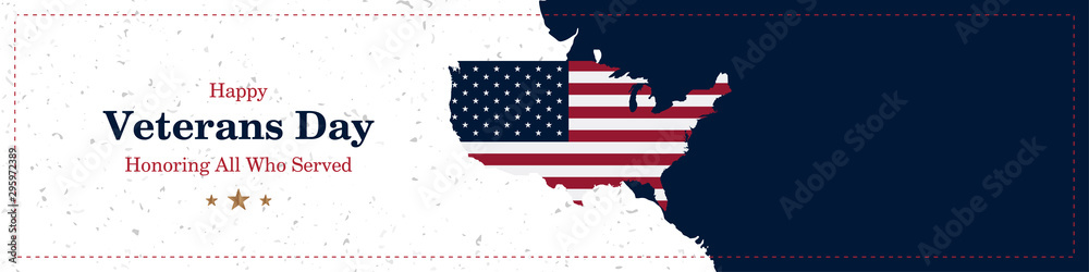 Happy Veterans Day. Greeting card with USA flag and map on background with texture. National American holiday event. Flat vector illustration EPS10 - obrazy, fototapety, plakaty 