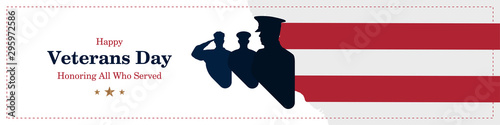 Happy Veterans Day. Greeting card with USA flag and soldiers on background with texture. National American holiday event. Flat vector illustration EPS10
