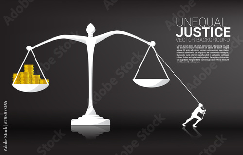 silhouette of businessman pull the balance from money coin. Background concept for fight with unequal justice