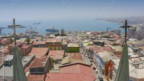 Valparaiso, Quinta Region / Chile - February 15 2019: Aerial view of historical area hill and houses of the city and port at Valparaiso, the biggest port in Chile