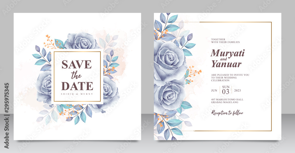 Beautiful roses blue watercolor wedding invitation card template
