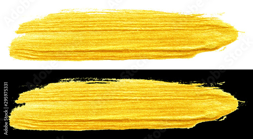 yellow gold colored doodle smear stroke isolated on black and white backgrounds, hand-drawn golden acrylic paint brush, abstract festive texture, stock photo illustration