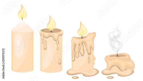 Set of candles in different stages of burning isolated on a white background