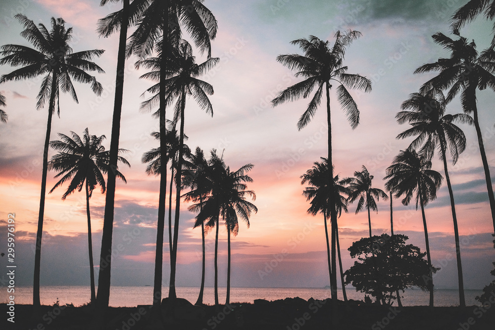 Fototapeta premium Black Palms silhouettes at orange sunset sky