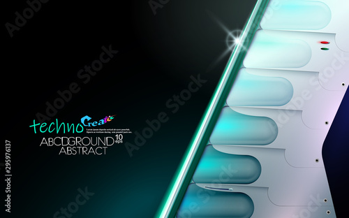 Neon glowing hi-tech futuristic abstract background. Design Sample of technology of the future or extraterrestrial. Layout cover blue and black, vector illustration. Metal construction shuttle.