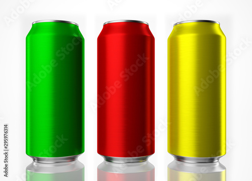 Colorful aluminum cans isolated with clipping path on white background, 3d rendering