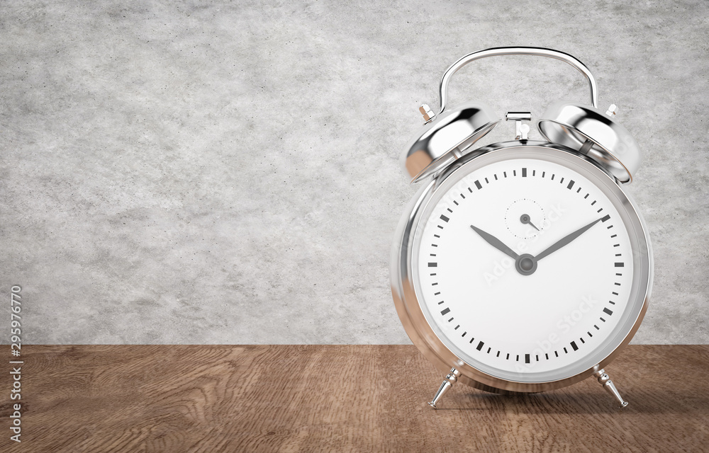 Alarm clock on wooden table and cement background, 3d rendering Alarm clock on wooden table and cement background, 3d rendering