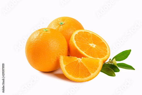 Fresh orange with half  slice and leaves isolated on white background.