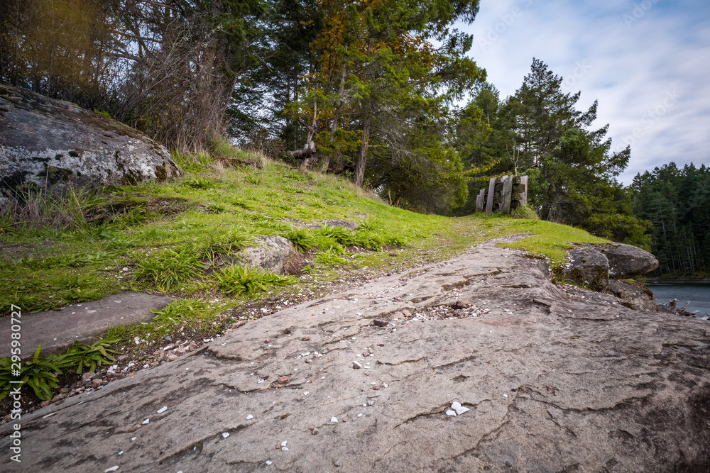 rocky edge of the island with green grasses and trees under cloudy sky rocky edge of the island with green grasses and trees under cloudy sky