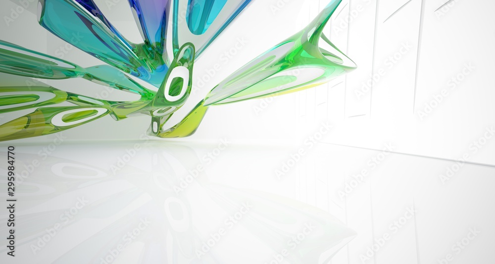 Abstract architectural white and glass gradient color smooth interior of a minimalist house with large windows. 3D illustration and rendering.