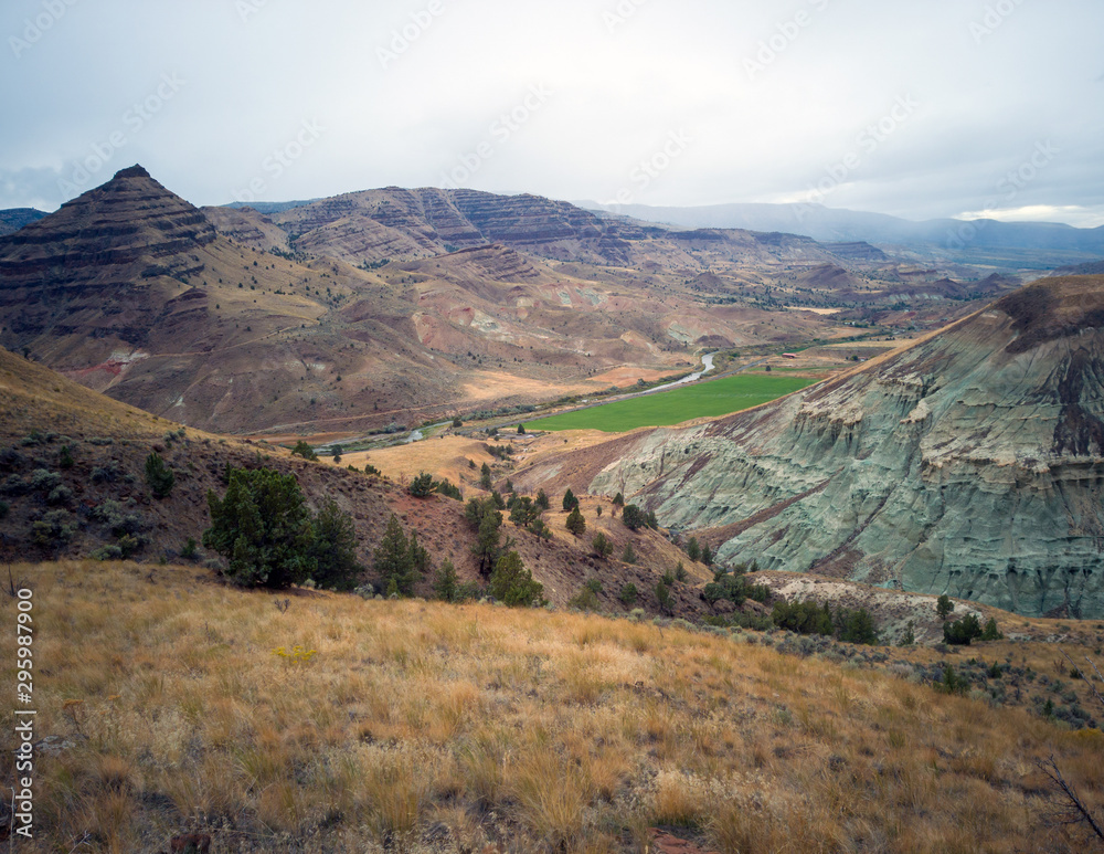 Obraz premium Breathtaking views of the grey-blue badlands and the scenic John Day River Valley and Mountains from the rustic Blue Basin Overlook Trail at the John Day Fossil Beds Sheep Rock Unit in Kimberly Oregon