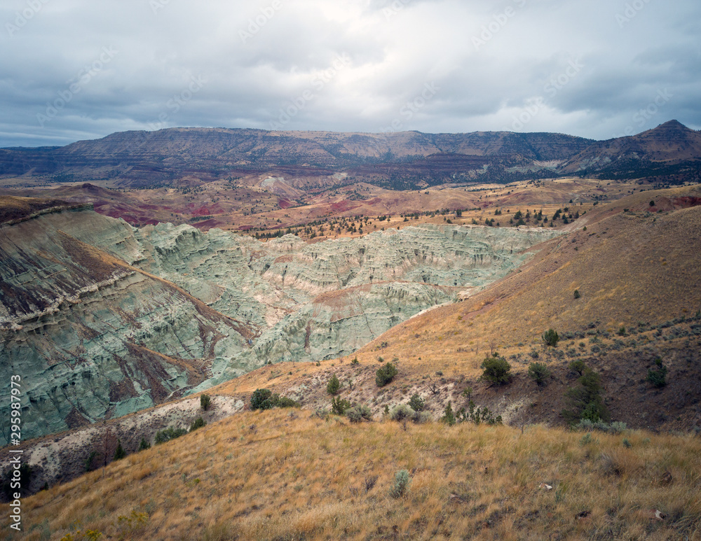 Fototapeta premium Breathtaking views of the grey-blue badlands and the scenic John Day River Valley and Mountains from the rustic Blue Basin Overlook Trail at the John Day Fossil Beds Sheep Rock Unit in Kimberly Oregon