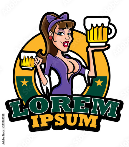 Vintage signage. Pin up sexy lady holding beers with big sign board, vector illustration for business signboard