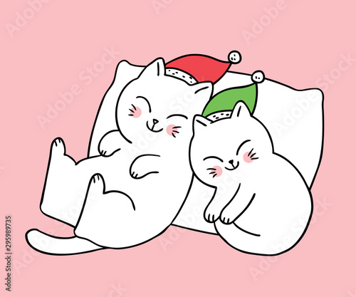 Cartoon cute Christmas Couple cats sleeping vector.