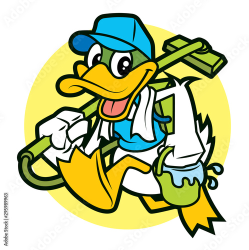 Cartoon duck the cleaner mascot holding a vacuum cleaner and pail with water