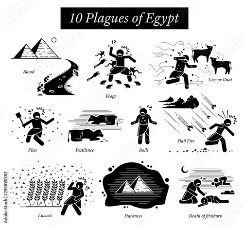 The Ten Plagues of Egypt icons and pictogram. Moses God punishments are river blood, frogs, lice or gnat, flies, pestilence, boils hail fire thunderstorm, locusts, darkness, and death of firstborn.