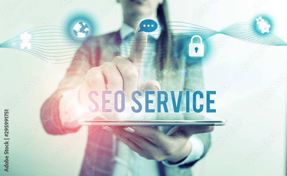 Conceptual hand writing showing Seo Service. Concept meaning techniques and procedures to increase the website visibility Female human wear formal work suit presenting smart device Conceptual hand writing showing Seo Service. Concept meaning techniques and procedures to increase the website visibility Female human wear formal work suit presenting smart device