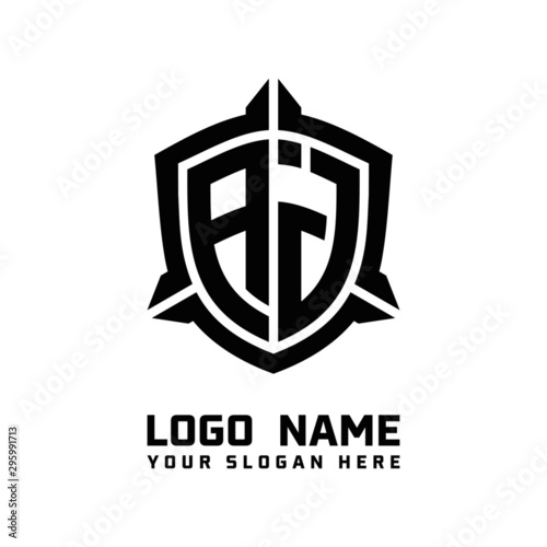initial AJ letter with shield style logo template vector. shield shape black monogram logo