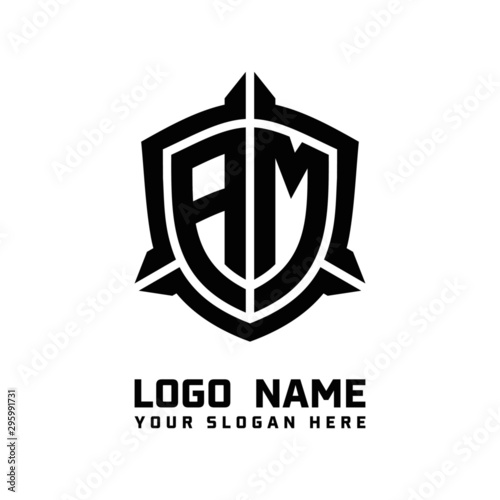 initial AM letter with shield style logo template vector. shield shape black monogram logo