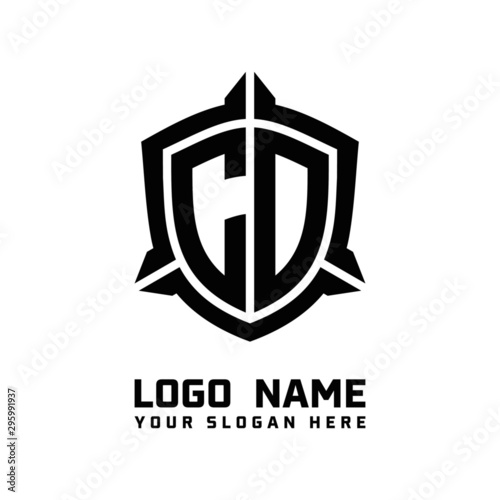 initial CD letter with shield style logo template vector. shield shape black monogram logo