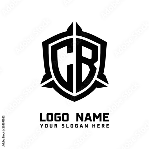 initial CB letter with shield style logo template vector. shield shape black monogram logo