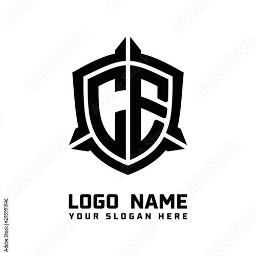 initial CE letter with shield style logo template vector. shield shape black monogram logo