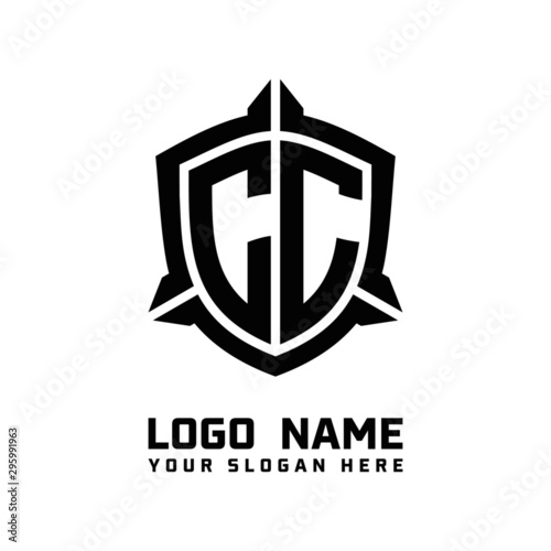 initial CC letter with shield style logo template vector. shield shape black monogram logo