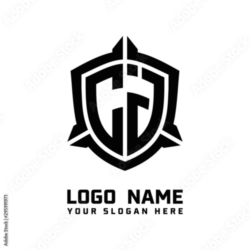 initial CJ letter with shield style logo template vector. shield shape black monogram logo