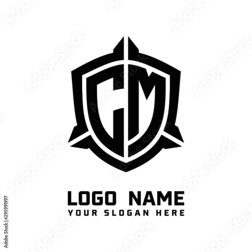 initial CM letter with shield style logo template vector. shield shape black monogram logo