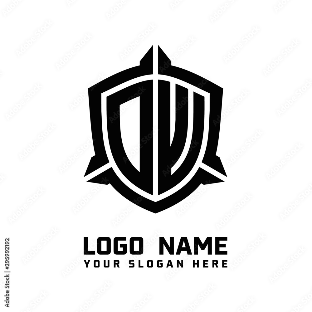 initial DW letter with shield style logo template vector. shield shape black monogram logo