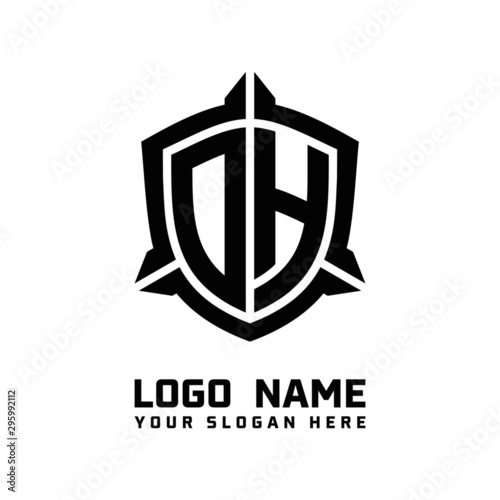initial DH letter with shield style logo template vector. shield shape black monogram logo