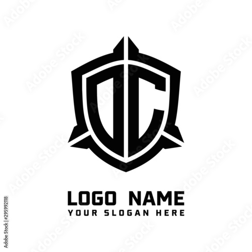 initial DC letter with shield style logo template vector. shield shape black monogram logo