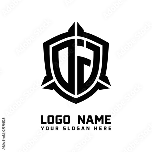 initial DJ letter with shield style logo template vector. shield shape black monogram logo