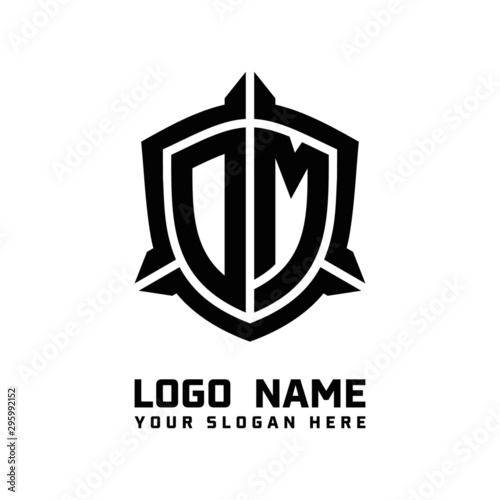 initial DM letter with shield style logo template vector. shield shape black monogram logo