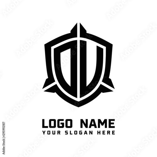initial DU, DV letter with shield style logo template vector. shield shape black monogram logo