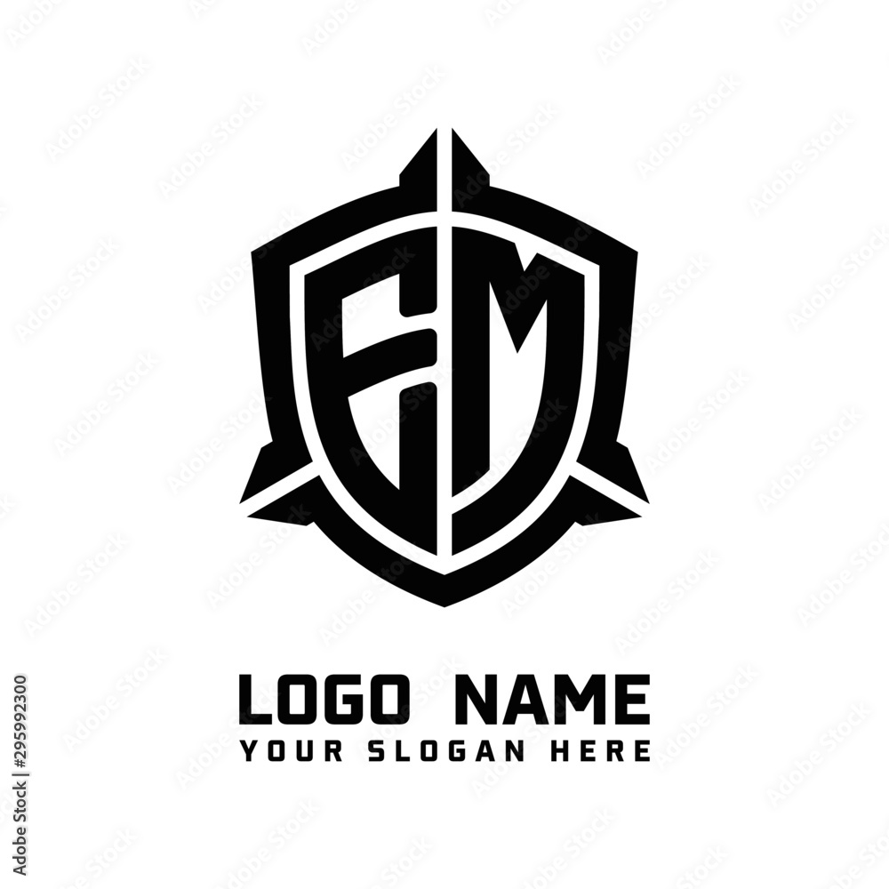 initial EM letter with shield style logo template vector. shield shape black monogram logo initial EM letter with shield style logo template vector. shield shape black monogram logo