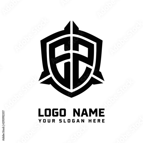 initial EZ letter with shield style logo template vector. shield shape black monogram logo