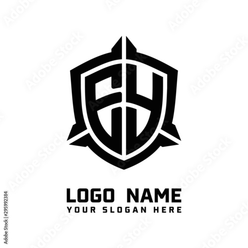 initial EY letter with shield style logo template vector. shield shape black monogram logo