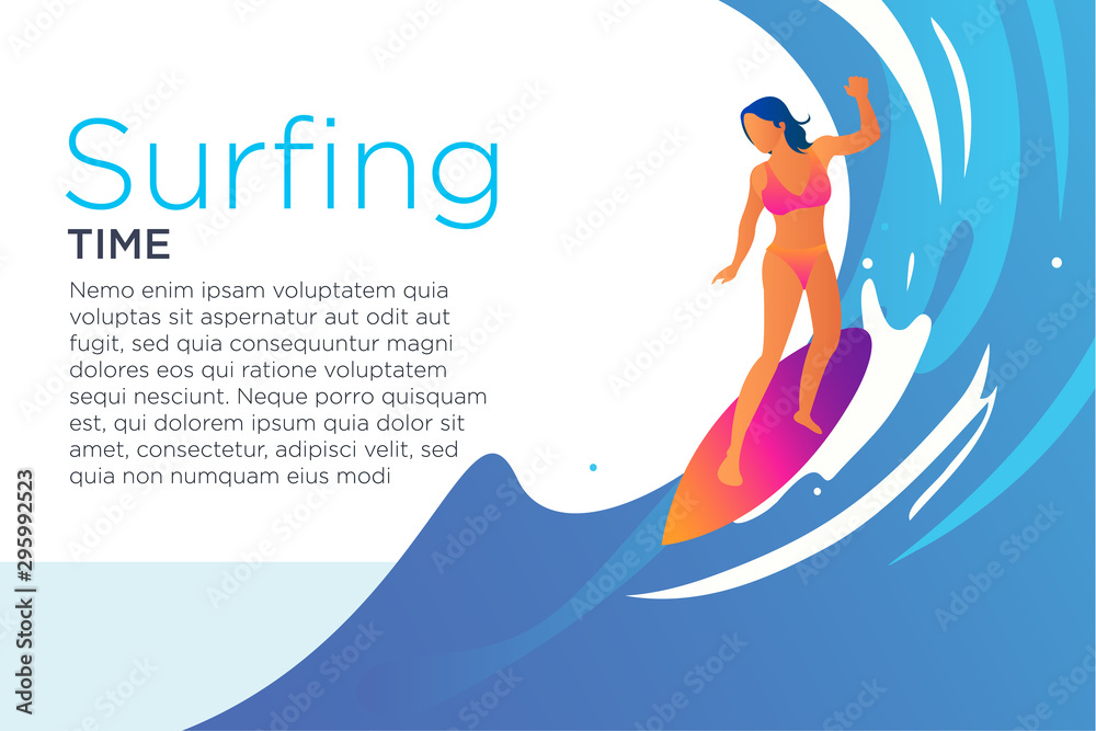 Surfing girl on a beach illustration for landing page, ui ux design, web design, cover book, banner, social media concept Surfing girl on a beach illustration for landing page, ui ux design, web design, cover book, banner, social media concept