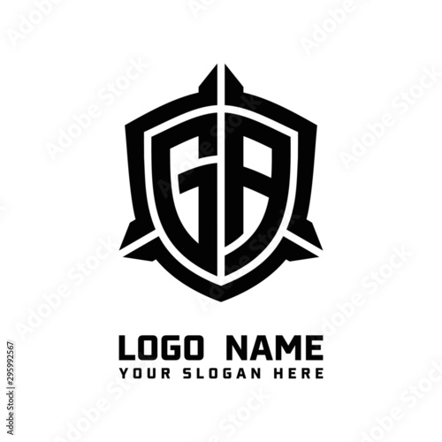 initial GA letter with shield style logo template vector. shield shape black monogram logo